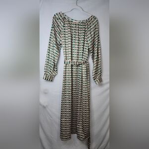 Boutique Green and White Patterned Addison Dress Long Sleeve Belt Size 12 NWT